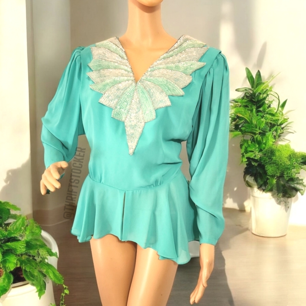 Elegant Teal Vintage Blouse with Silver Accents